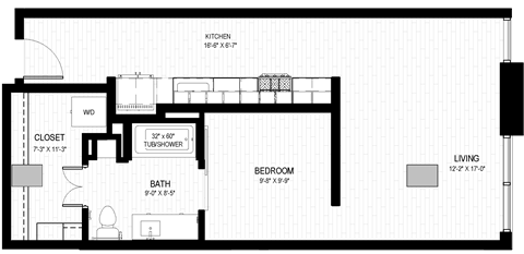 Floor plan for studio, 1 bath, 683 sqft